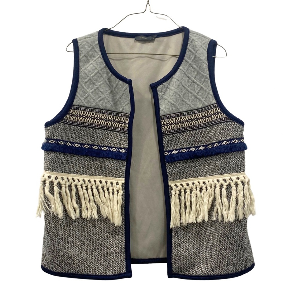 THML Boho Fringe Vest Women’s L Gray Blue